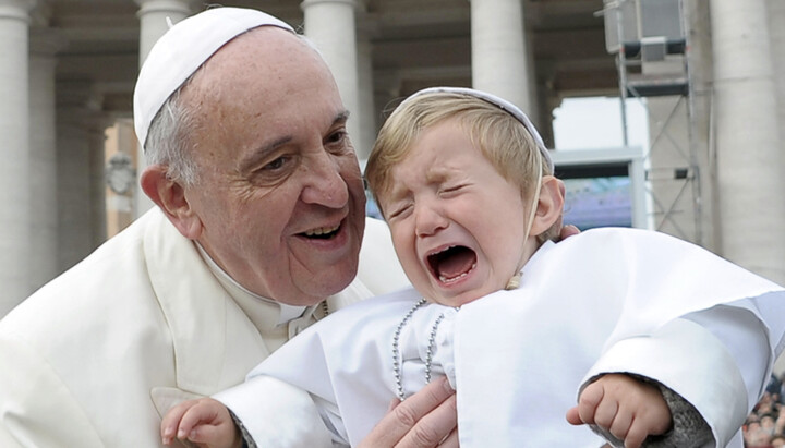 The Pope with a child dressed in a "papal robe"