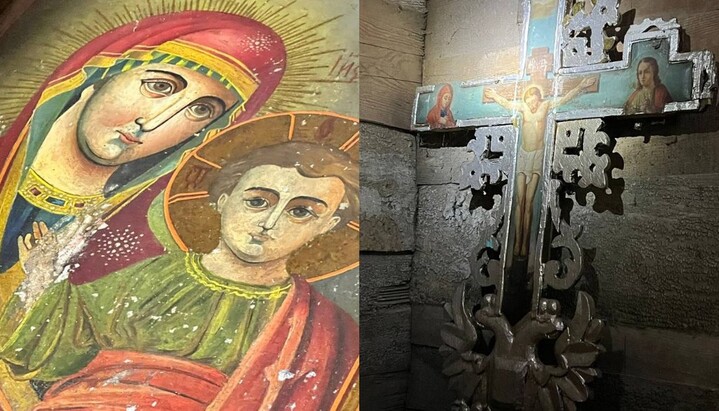 The Kazan Icon of the Mother of God (20th century) and a processional cross (19th century) from the bell tower of the village of Piatydni. Photo: Ivanna Bilishuk