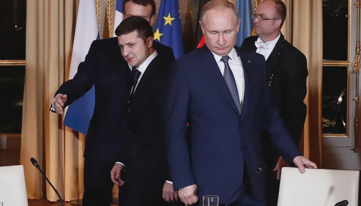 Владимир Путин и Владимир Зеленский в Париже в 2019 году. Фото: Иэна Лэнгсдона/Pool Photo via AP