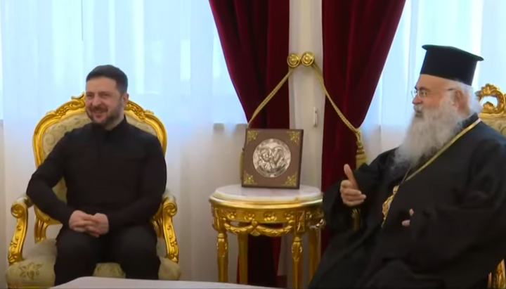 Archbishop Georgios of Cyprus and Volodymyr Zelensky. Photo: screenshot from a YouTube video