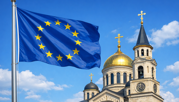Прапор Європейського союзу та християнський храм – ілюстрація до резолюції Європарламенту про переслідування християн. Фото: відкриті джерела