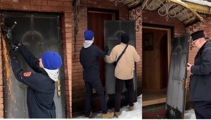 Рейдеры ПЦУ срезают двери на киевском храме в Быковне. Фото: коллаж СПЖ