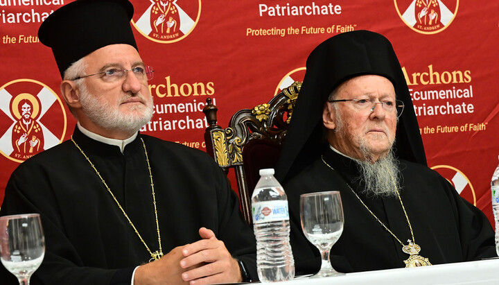 Archbishop Elpidophoros and Patriarch Bartholomew at a meeting with archons. Photo: Orthodox Observer