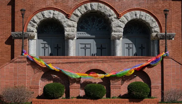 At the First United Methodist Church in Little Rock, Arkansas, a rainbow decoration to support the LGBT community is displayed. Photo: Getty Images