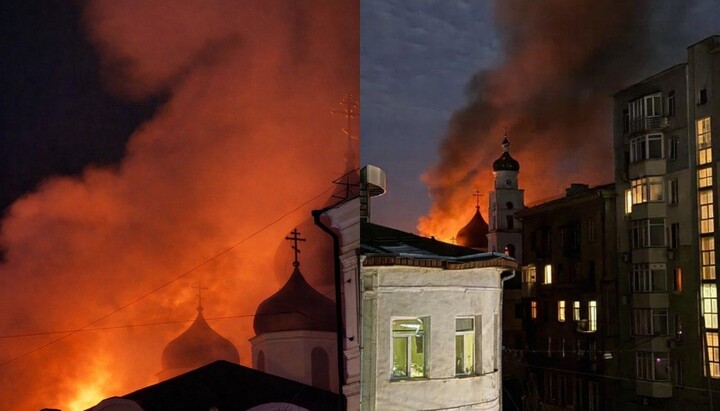 Fire near the Trinity Church in Kharkiv after shelling. Photo: press service of the Kharkiv Eparchy