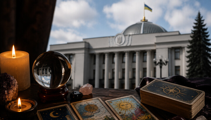 Езотеричні атрибути на тлі Верховної Ради України. Фото: відкриті джерела
