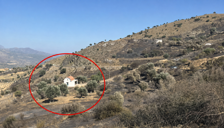 An Orthodox chapel stands intact amid fire-scorched land on Crete. Photo: neakriti.gr