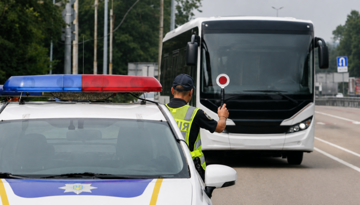Поліція не пропустила автобус із паломниками до Почаєва. Фото: генероване ШІ