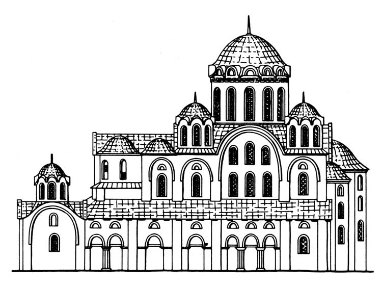 Десятинна церква, Київ. 989-996 рр. Південний фасад. Реконструкція. Джерело: icon-art.info